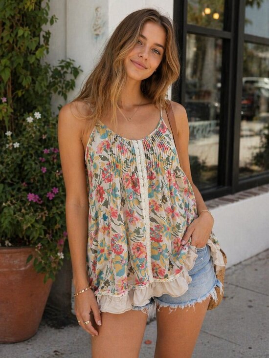 Free People Tops - Free People Pintuck Ruffle Sheer Floral Sleeveless Swing Tunic Top Pockets Small
